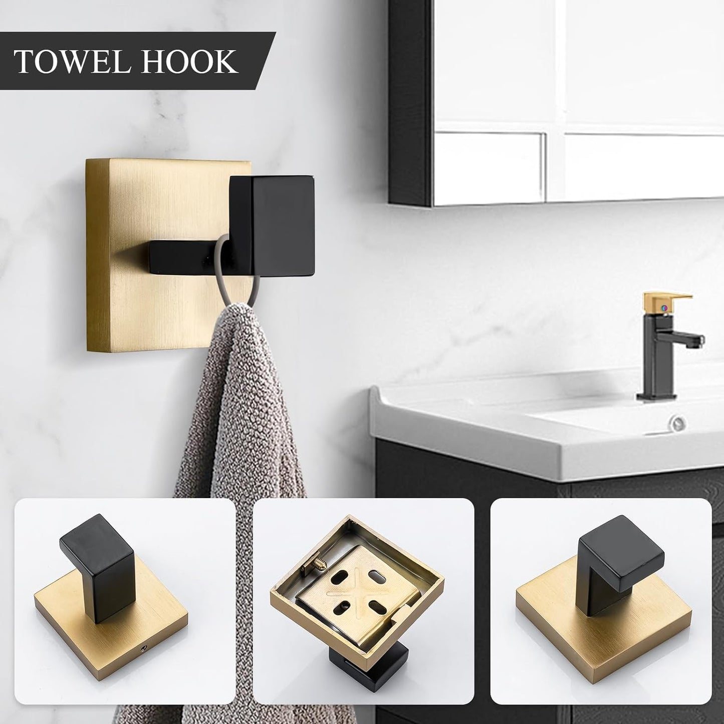 Black and Gold 5-Piece Bathroom Hardware Set, Stainless Steel Wall Mounted