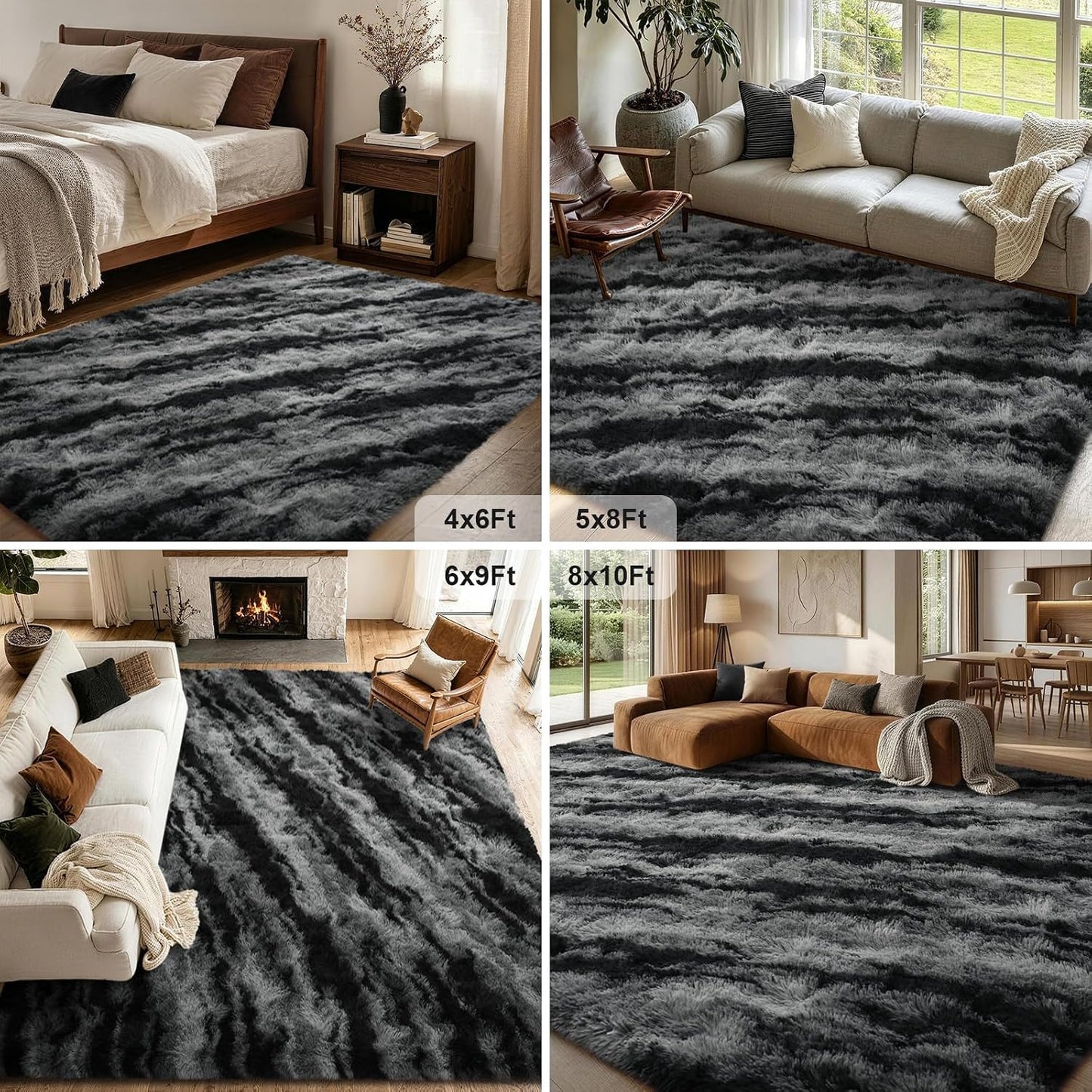 Fluffy Area Rug,4X6 Non-Slip (Tie-Dye Striped Black) 