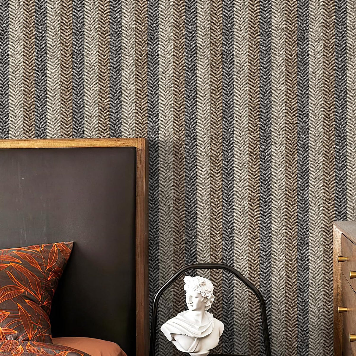 Textured Fabric Geometric Peel and Stick Wallpaper 17.3"X800" Black/Grey/Brown Stripes 