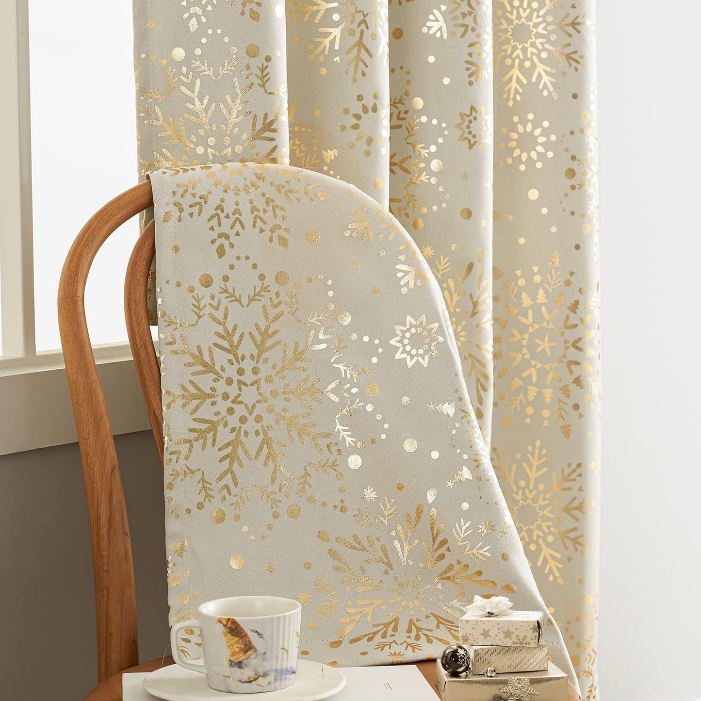 Ivory Gold Blackout Curtains Snowflake Print Curtain Panels 63Inch Medallion Floral Energy Saving 2Pcs