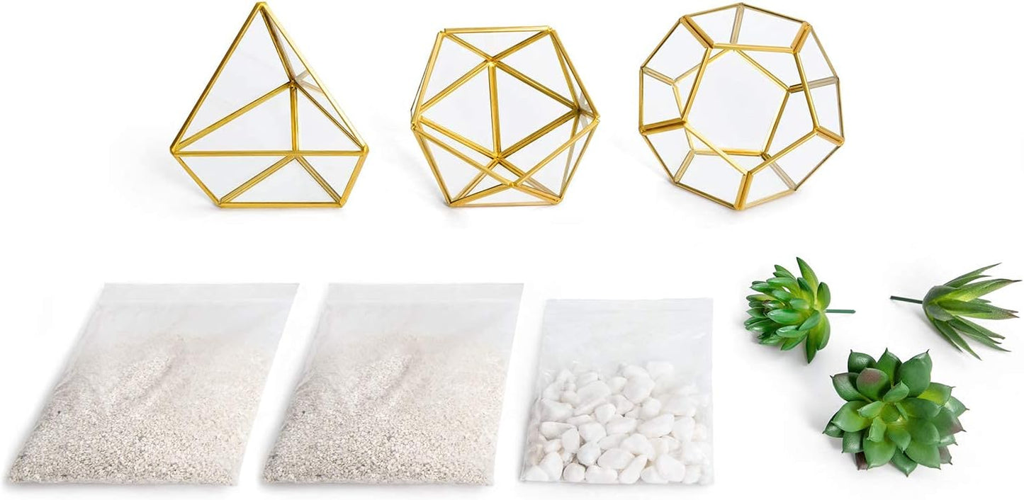Artificial Succulent in 3 Pack Mini Glass Geometric Terrarium, Miniature Potted Faux Plant Bookshelf Desk, Gold