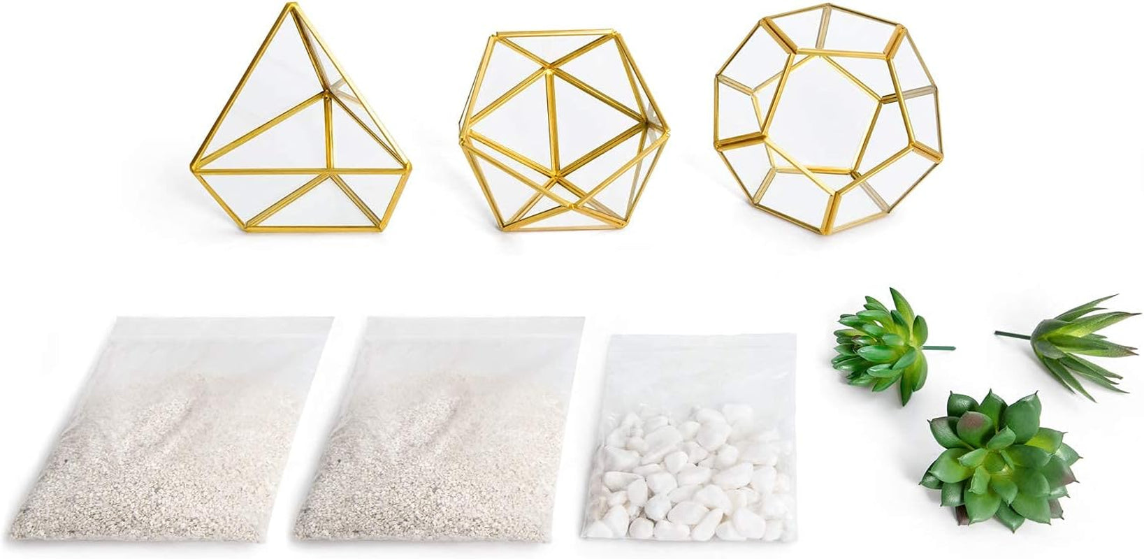 Artificial Succulent in 3 Pack Mini Glass Geometric Terrarium, Miniature Potted Faux Plant Bookshelf Desk, Gold