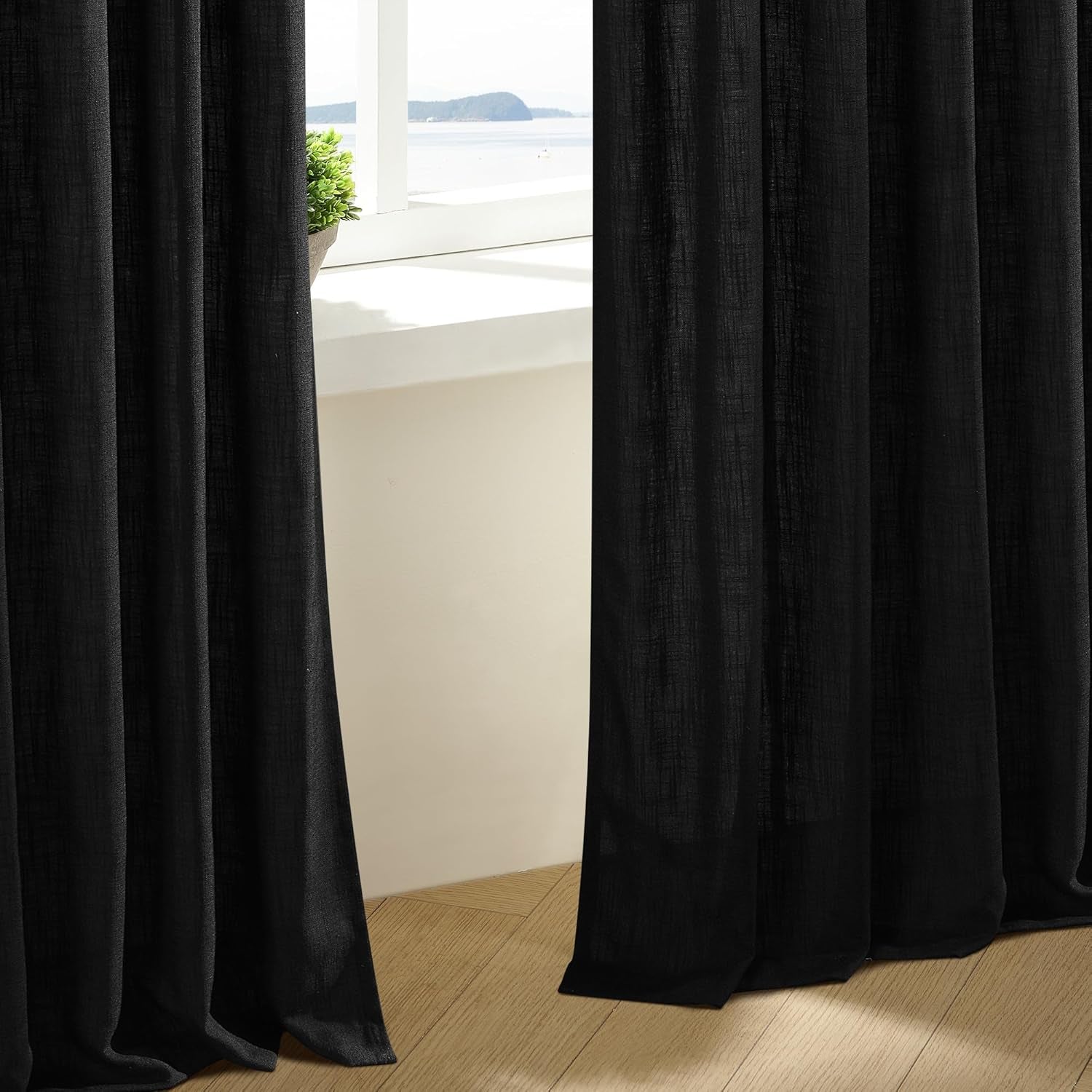 Black Linen Semi Sheer Curtains 90 Inches Long, Light Filtering, Pinch Pleated Curtains 