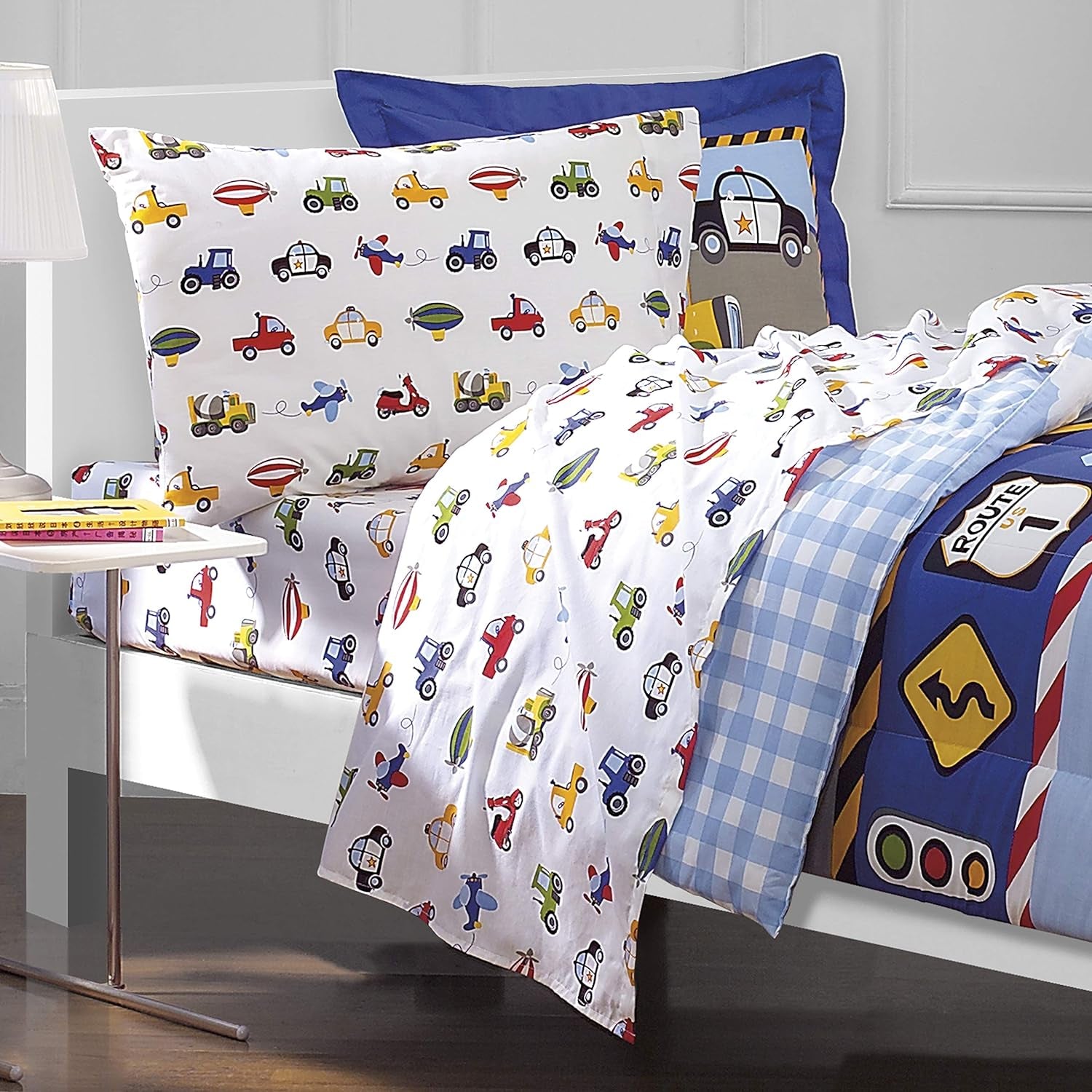 Trucks Tractors Cars Boys 5-Piece Bedding Kids Construction Comforter Sheet Set, Twin Blue Red Multi