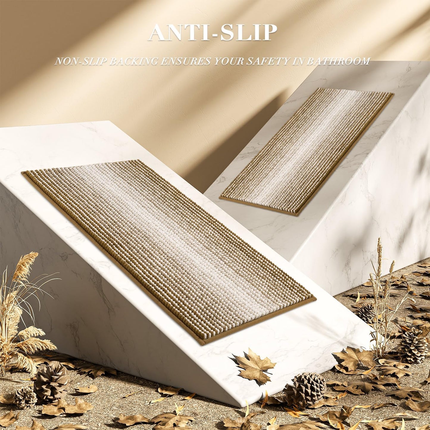 Bathroom Rugs and Mats Sets, 2 Piece Thick Absorbent Chenille Non-Slip (Petrified Oak, 20" X 47" plus 16" X 24")