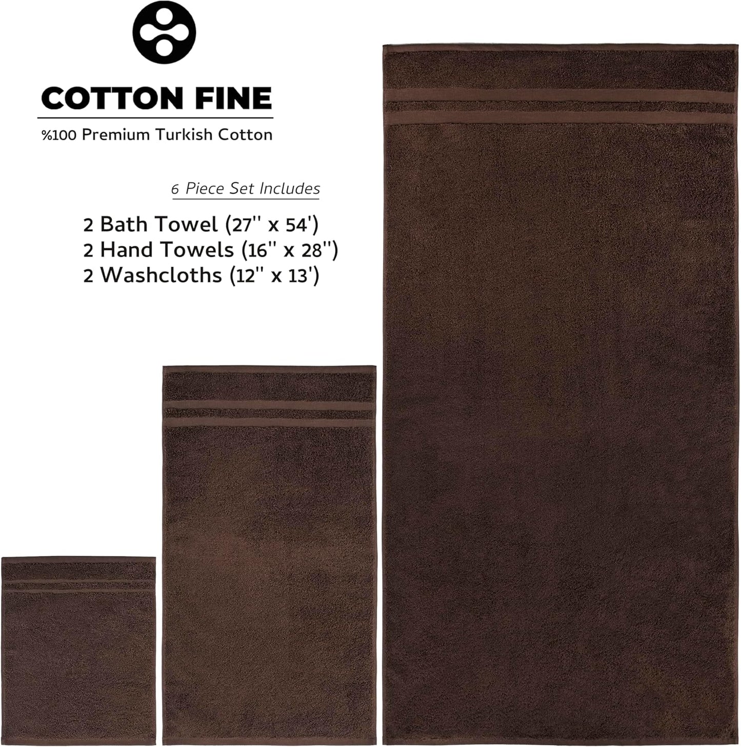 Premium 6 Piece Towel Set, 100% Turkish Cotton Soft Absorbent Towels (Chocolate Brown, 6 Piece Towel Set)
