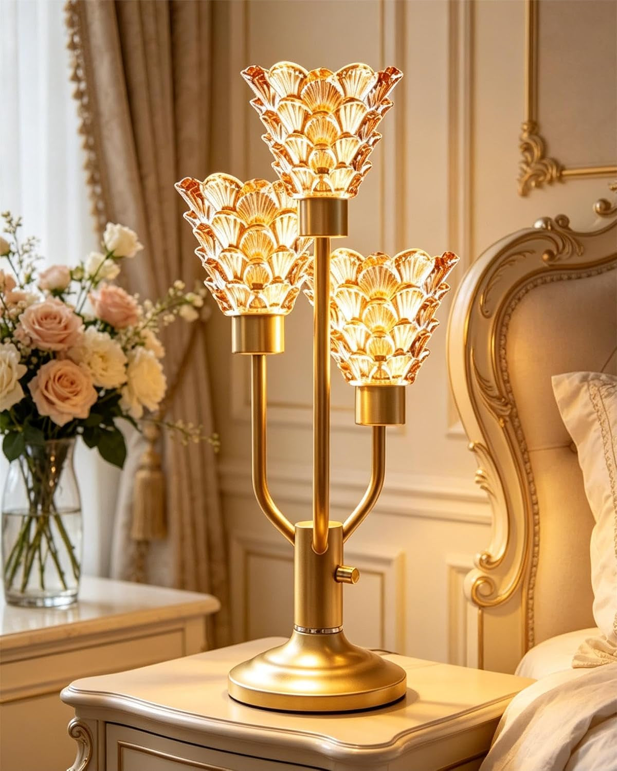  Modern Gold Glass Table Lamp Dimmable 3 Bulbs Included, Nightstand Lamp Vintage, with Amber Glass Warm white 