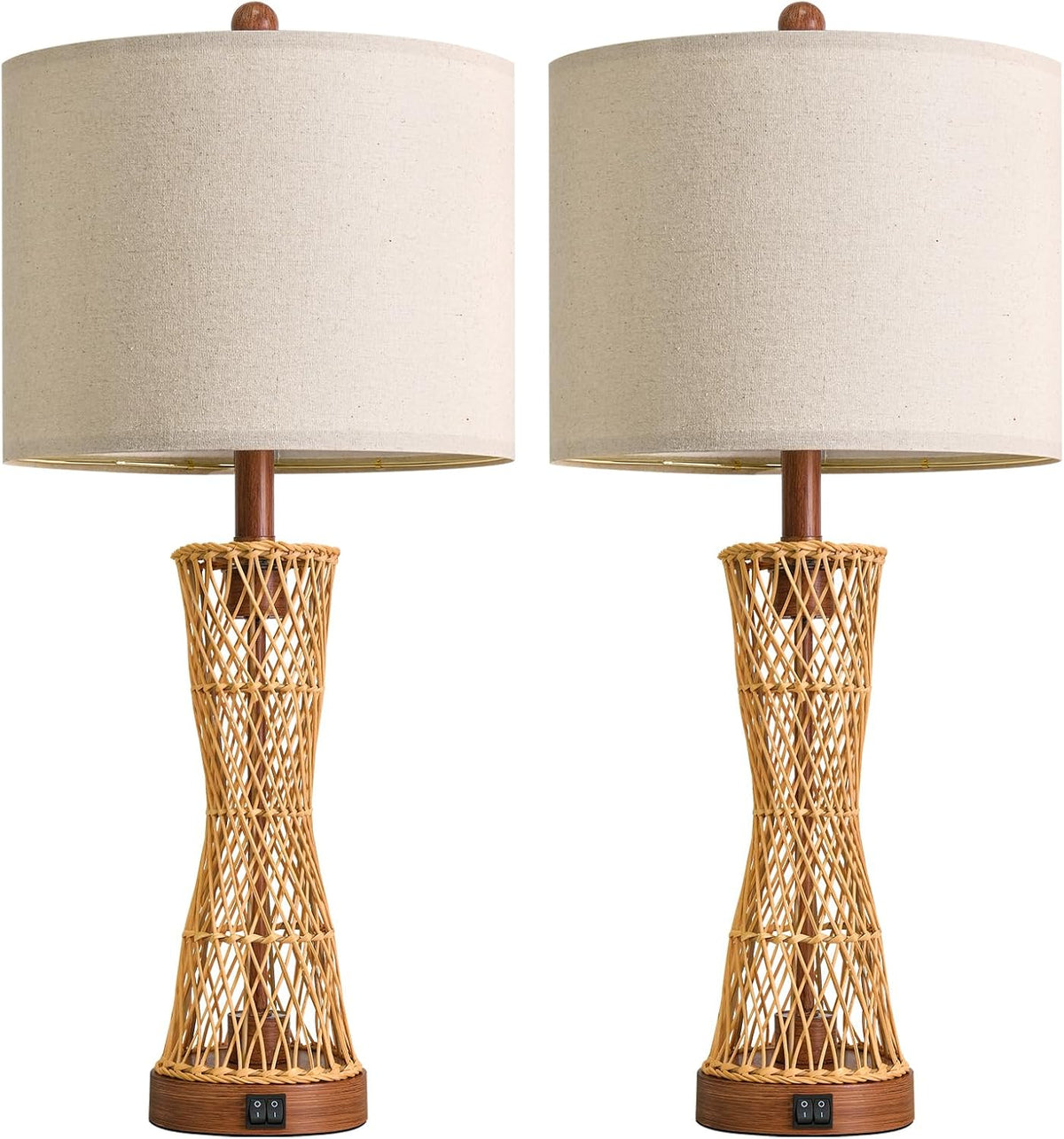 27" Table Lamps Set of 2 with Rattan & Dual Lights, Boho Lamps for Nightstands, Bedside Lamps for Bedroom, Nightstand Lamp for Living Room, Farmhouse Table Lamp for Office & Study