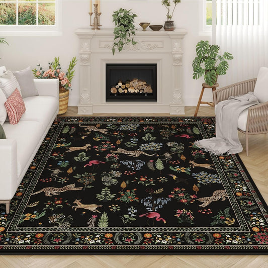 Living Room Rug 5X7 Rug Machine Washable Boho Area Rug Non-Slip Floral Animal Vintage (Black)