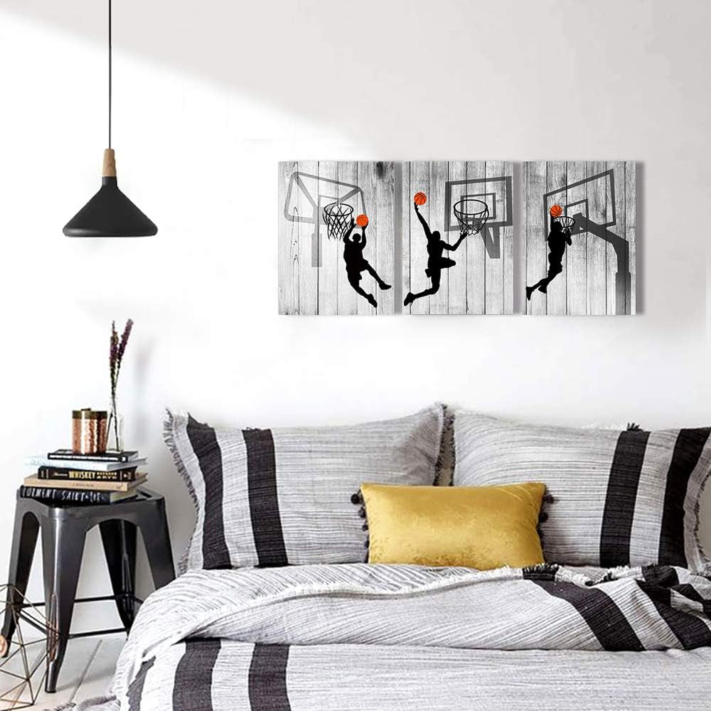 Black and White Canvas Wall Art for Bedroom, Basketball Sport Painting 12" X 16"3 Piece Modern Framed
