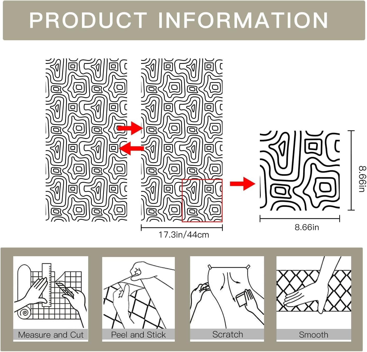 Modern Peel and Stick Wallpaper, Abstract Geometric Contour Line Pattern, 17.7 in X 6.56 Ft