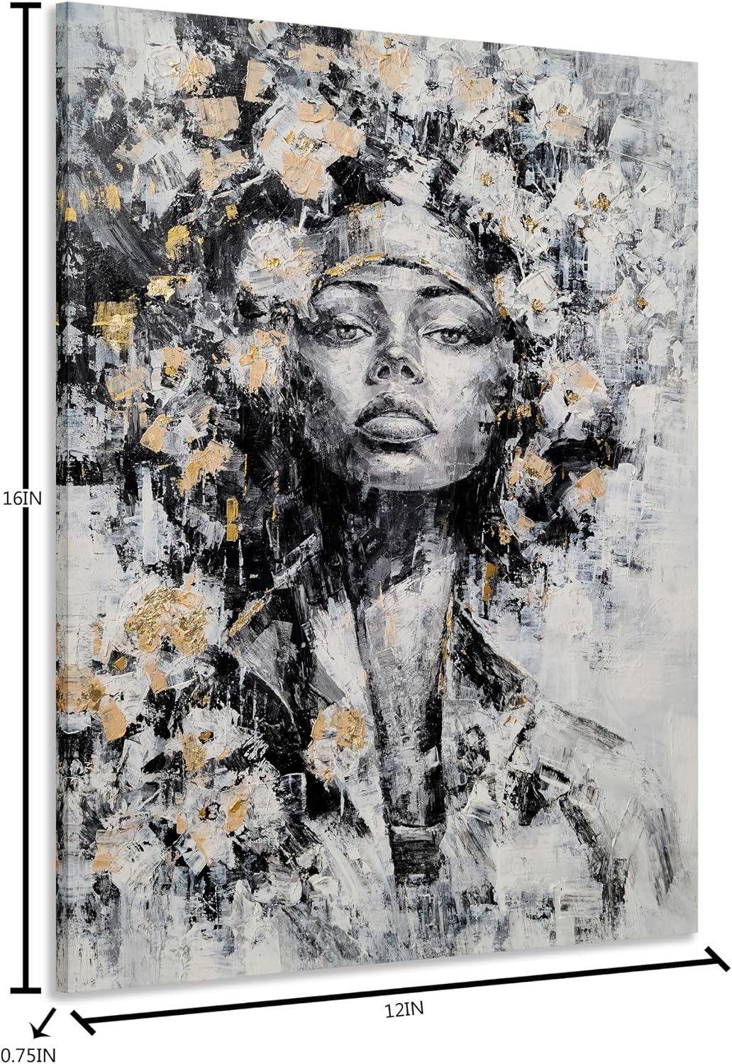 Black Woman Canvas Wall Art - Abstract Flower Painting on Head - African American Pictures for Living Room Bedroom Bathroom Decor