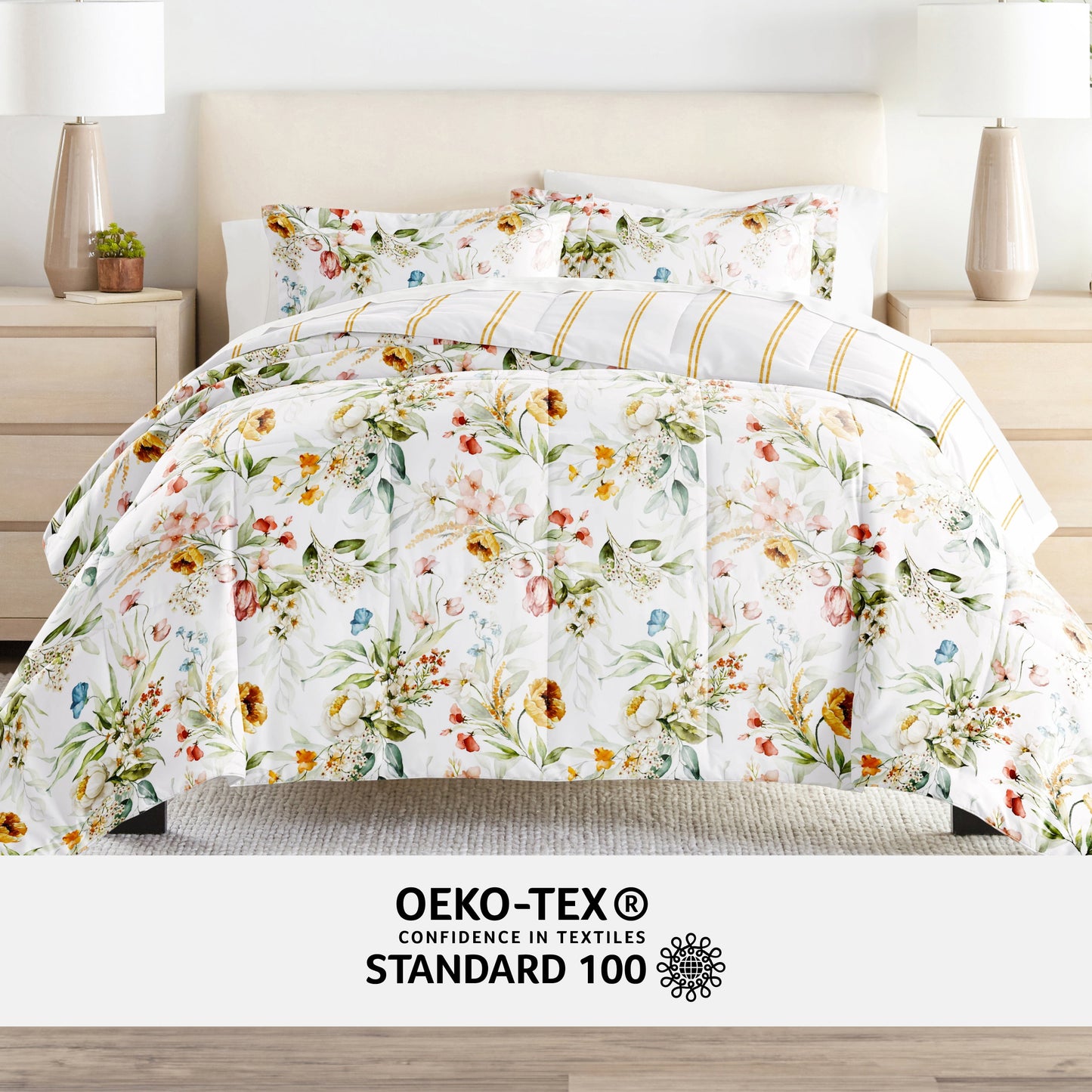- Twinxl Bedding Bundle, Patterned Microfiber Comforter and Solid Sheet Set in Cabbage Chintz Floral Stripe Clay