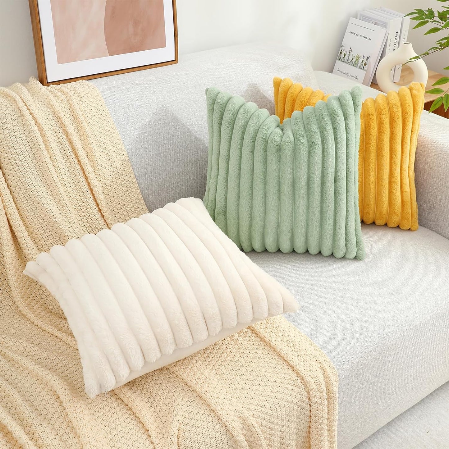Faux Fur Throw Pillow Covers 18X18 Set of 2, Decorative Soft Plush Striped, Mustard Yellow