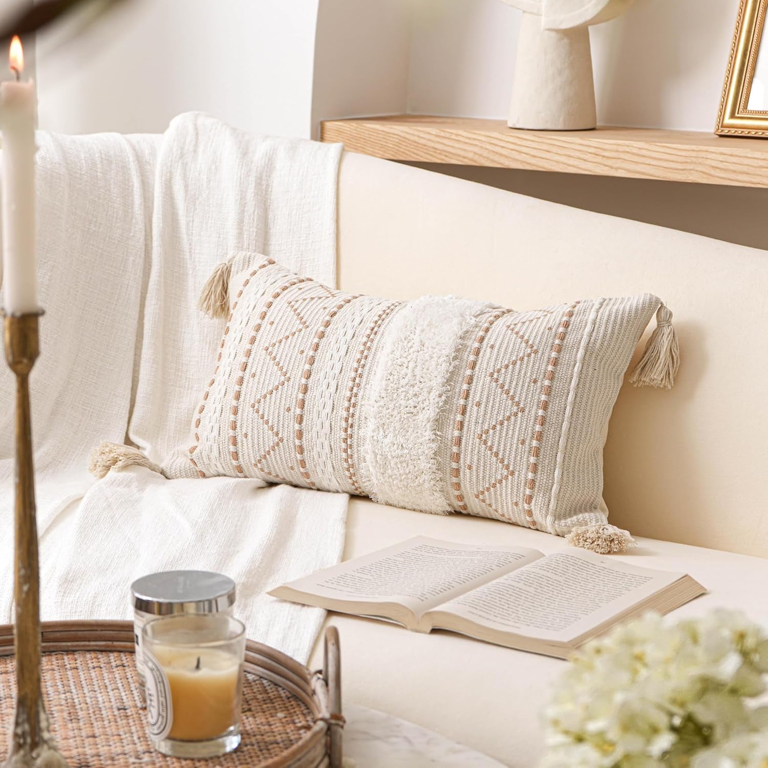 Decorative Lumbar Throw Pillow Cover 12X20 Cream Neutral White 