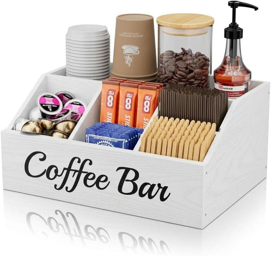 Coffee Station Organizer for Countertop – Wooden Coffee Bar Organizer with Adjustable Dividers for Kitchen, White