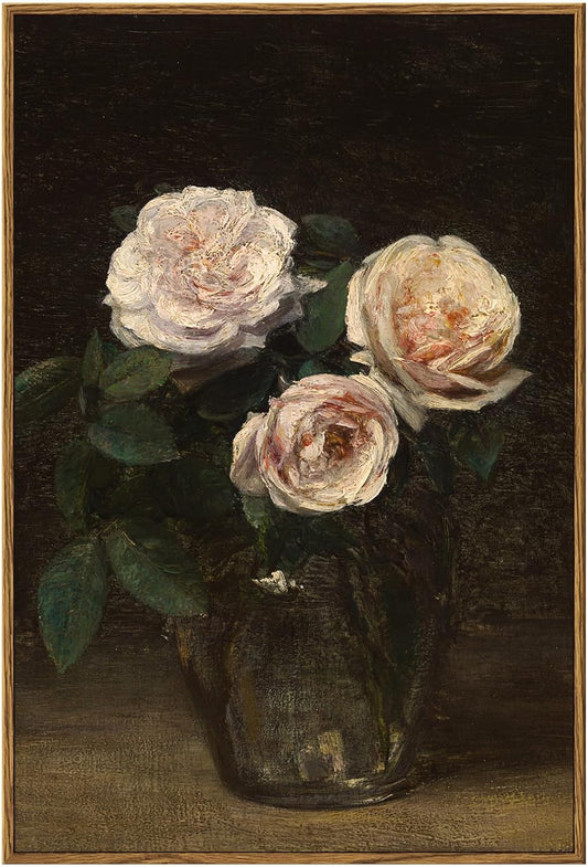 Framed Wall Art, Roses in Glass Vase Vintage Flower Prints Classical Oil Painting,16X24In