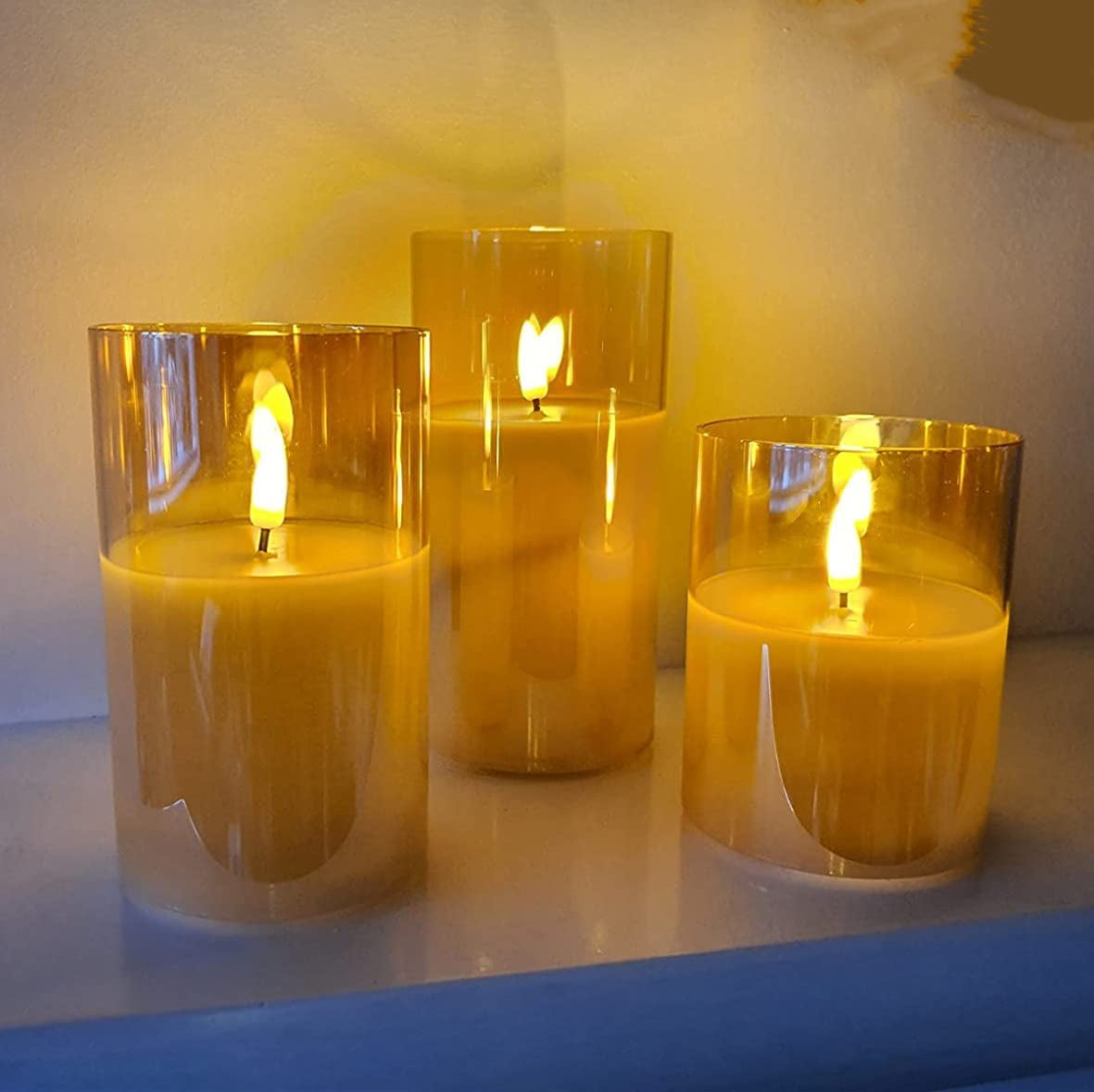 Gold Glass Flameless Pillar Candles with Remote, Flickering Battery LED Wax Candles Set of 3