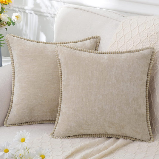 Chenille Soft Throw Pillow Covers 18X18 Set of 2, Bleached Sand