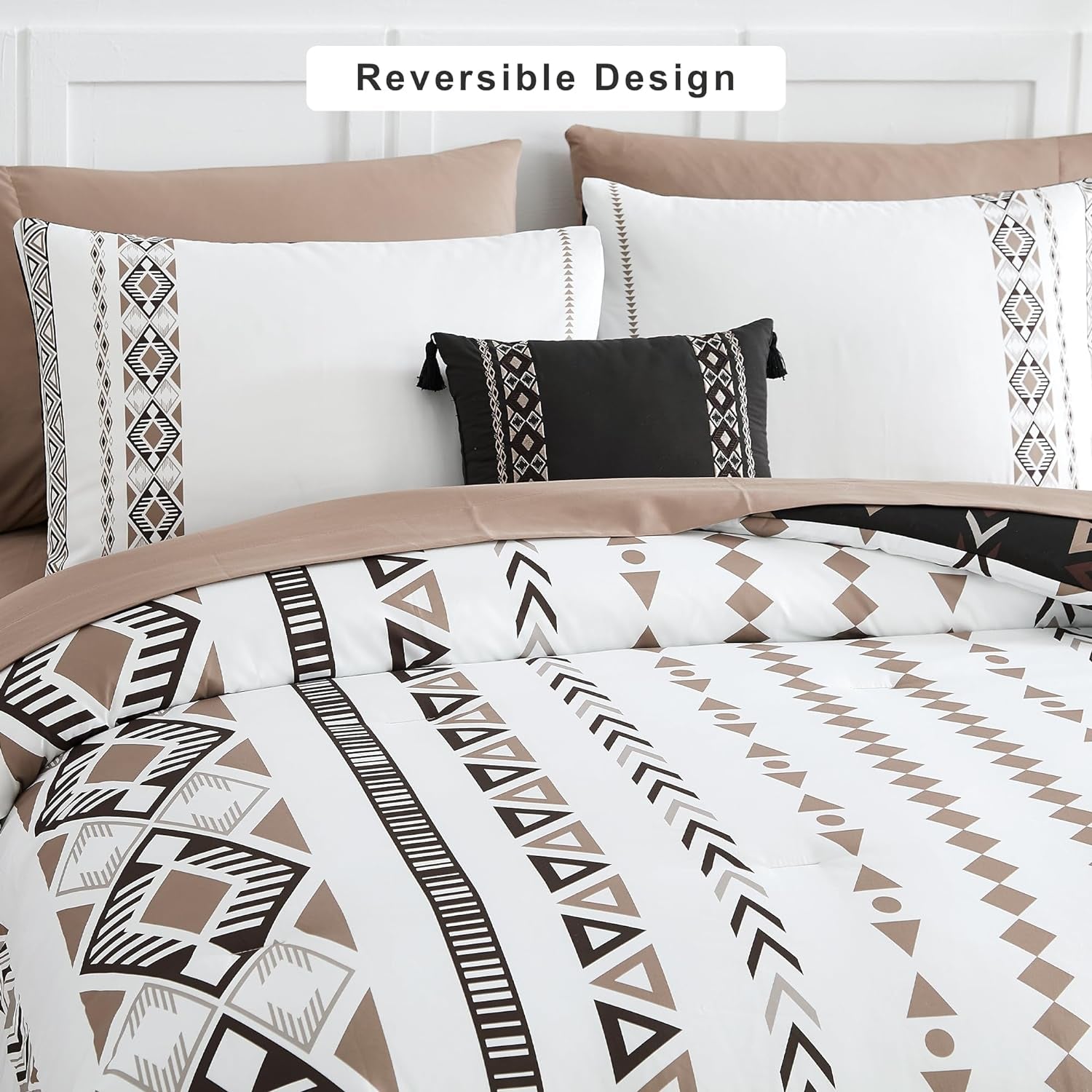 Boho Aztec Queen Size Comforter Set 8 Pieces, Lightweight, Warm and Breathable (Brown, 90"X90")