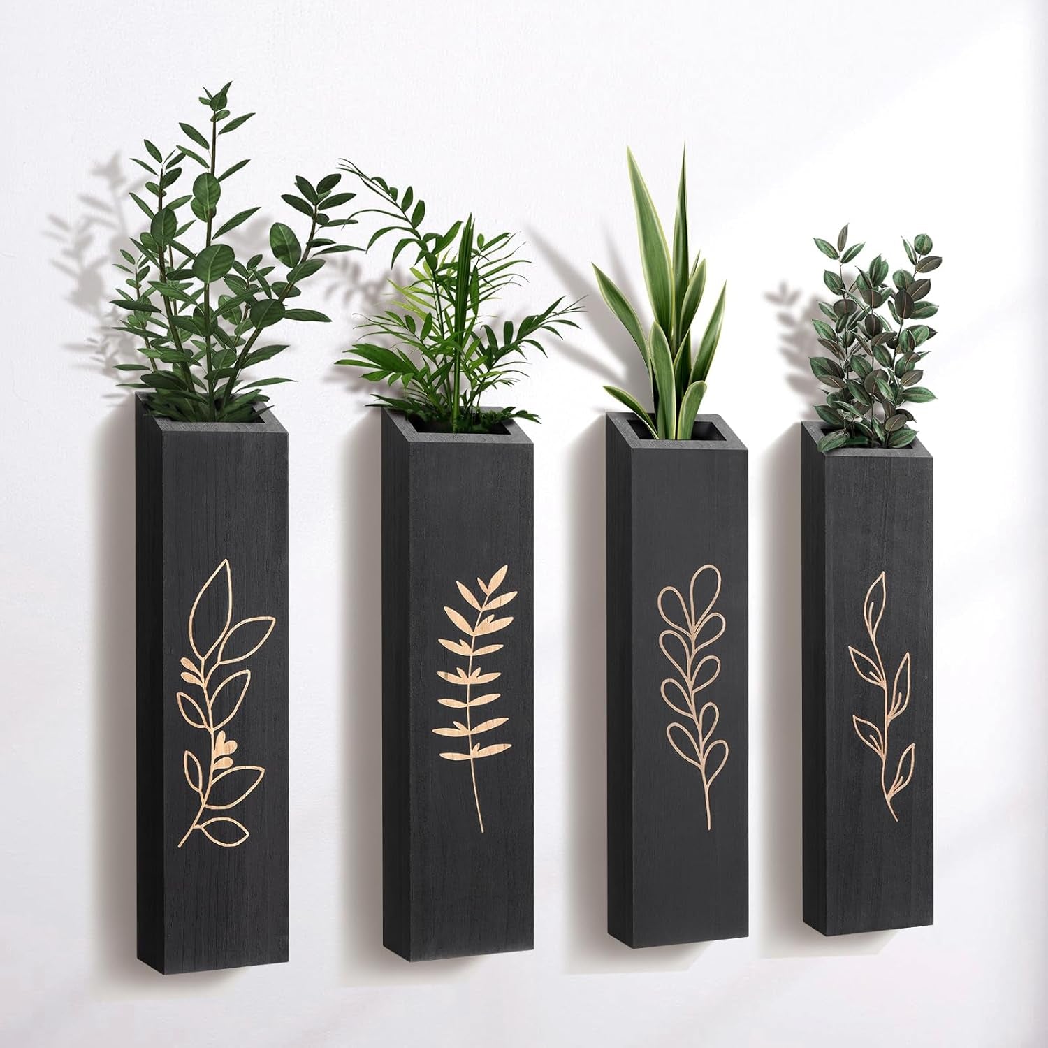 Farmhouse 4 Pack Wood Wall Planter, Indoor Pocket Wall Vases Decor (Black)