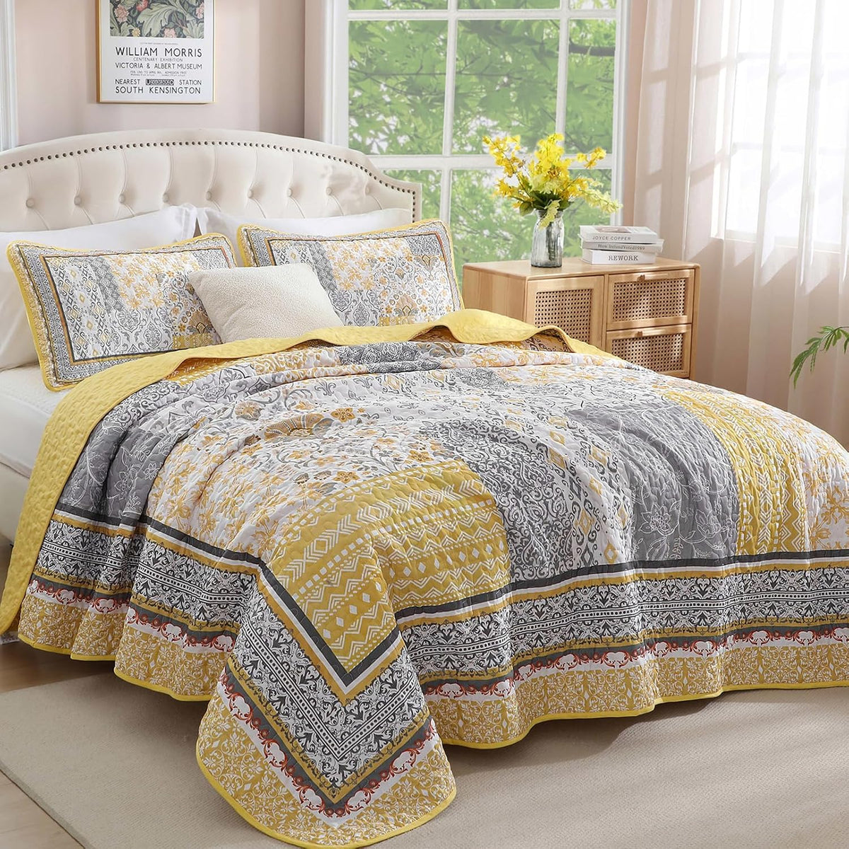 Boho Quilt Set Twin, 3 Pcs Yellow Patchwork Bedspread Set