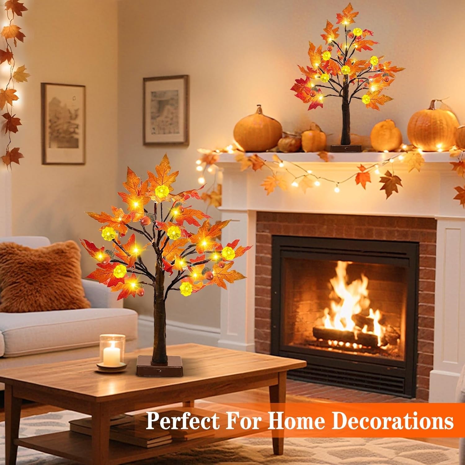 2 Pack 24 Inch Prelit Fall Maple Tree 48Leds Timer Acorn Pumpkin Lights, Battery Operated\