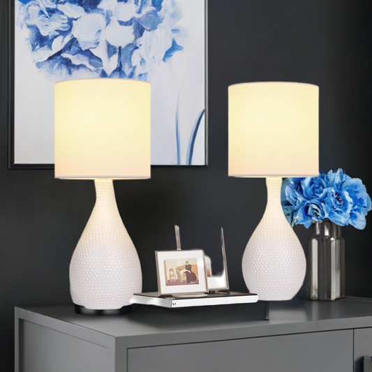 16.6In Ceramic Table Lamps Set of 2, Modern White Lamps (Bulb Not Included)