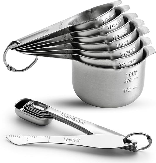 Stainless Steel Measuring Cups and Spoons Set of 14 with Leveler, Nesting Kitchen Metal Measuring Cups and Spoons Set for Dry and Liquid Ingredients, Perfect for Cooking & Baking