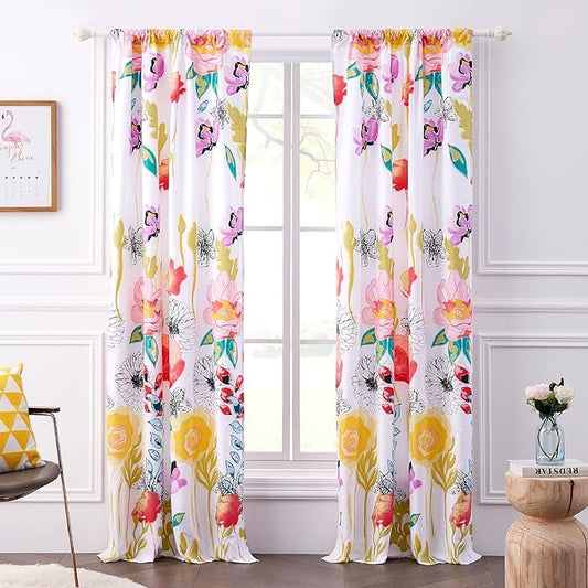 Watercolor Dream Curtains - Drapes - Lined Panel Pair with Tiebacks - Set of 2 Panels - 84" L - White