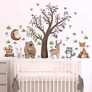 Woodland Animals Wall Decals Tree Wall Stickers Fox Squirrel Deer Hedgehog Rabbit Bear Owl Raccoons Wall Decor for Boys Bedroom Baby Nursery Kids Bedroom Living Room