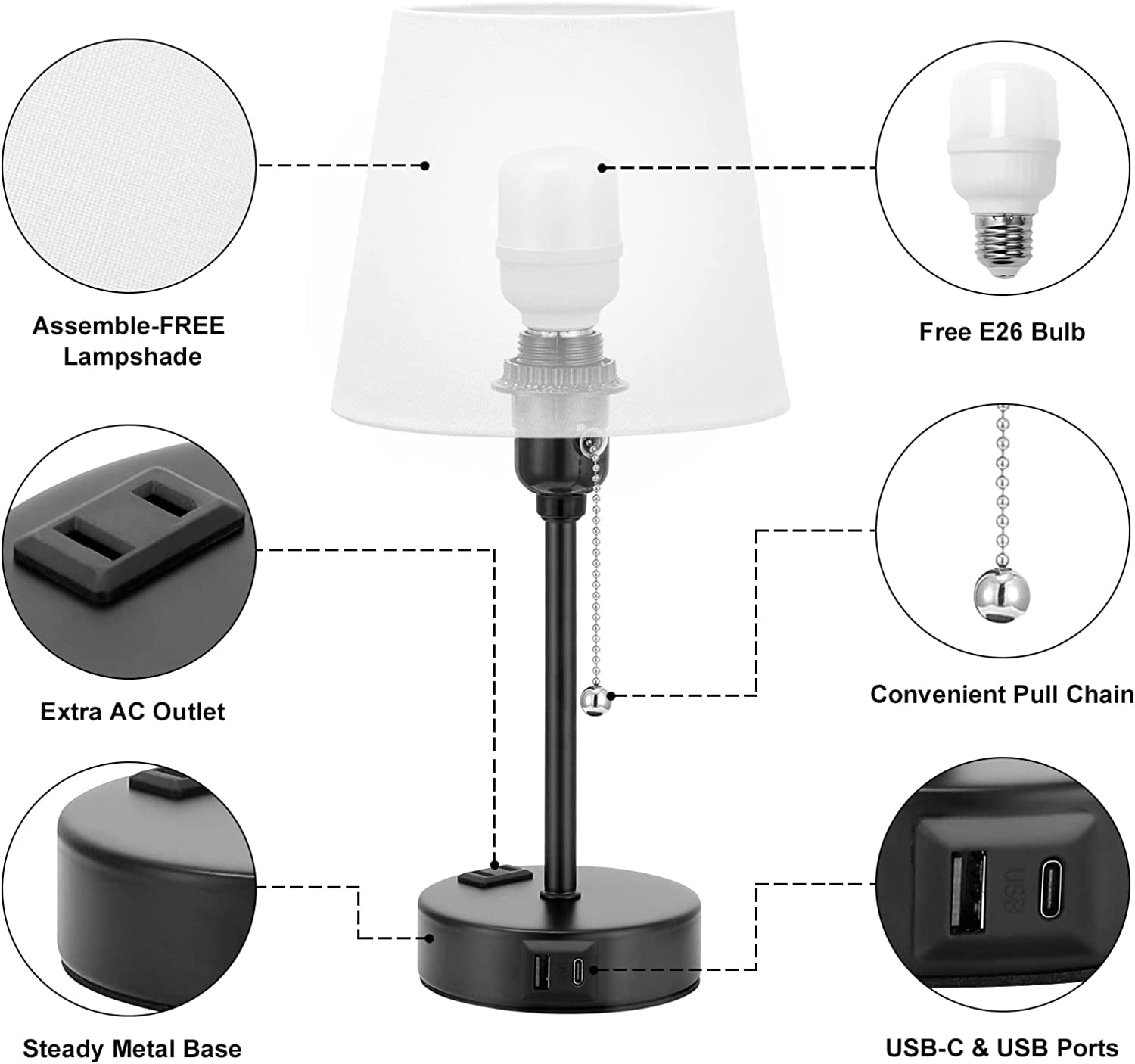 Bedside Lamps Set of 2 with USB C+A Charging Port and AC Outlet