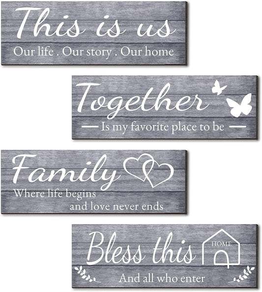 4 Pieces Wall Decor Signs, THIS IS US, TOGETHER, BLESS THIS HOME, FAMILY Rustic Wooden,4.7 X 13.8 Inch(Grey)