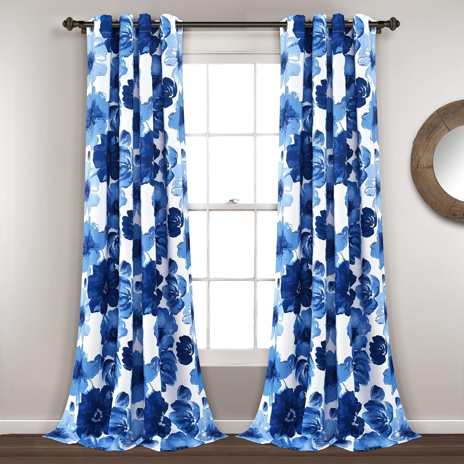 Leah Light Filtering Window Curtain Panel Pair Floral Insulated Grommet, 52"W X 84"L, Navy and White