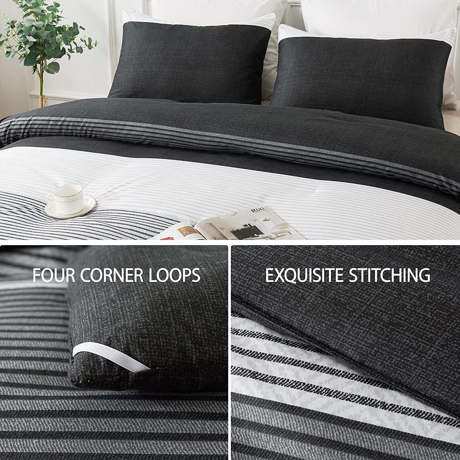 Black Comforter King Size, 3 Pieces Black White Gray Patchwork Striped Comforter (104X90 Inch), Soft Microfiber down Alternative King Comforter Bedding Sets with Corner Loops