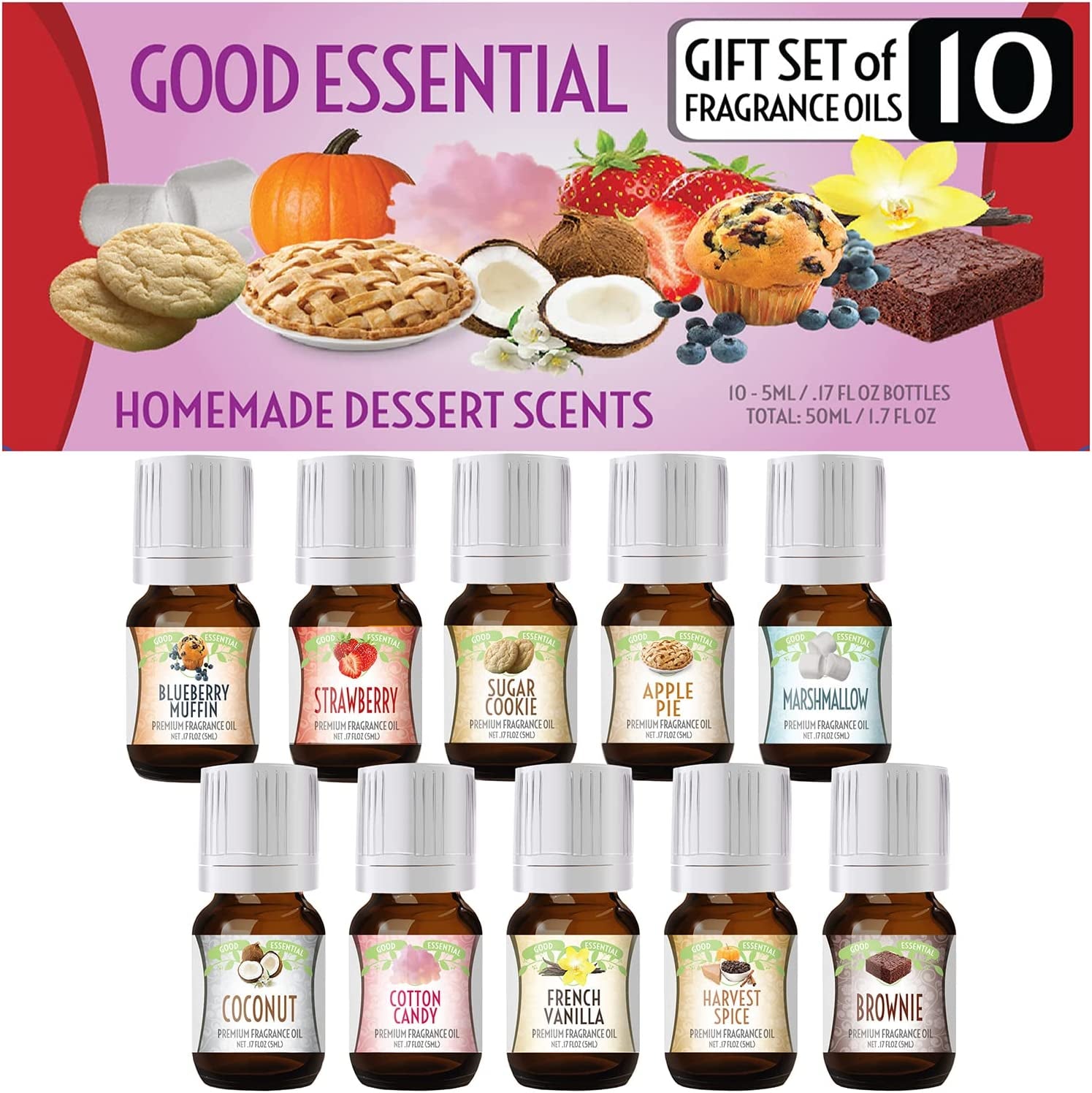 Sweet Scents Fragrance Oil Set - 10 Pack Bulk Holiday Gift Oils for Aromatherapy Diffusers, Candle and Soap Making - Vanilla, Coconut, Sugar Cookie, Cotton Candy, Fall Spice and More