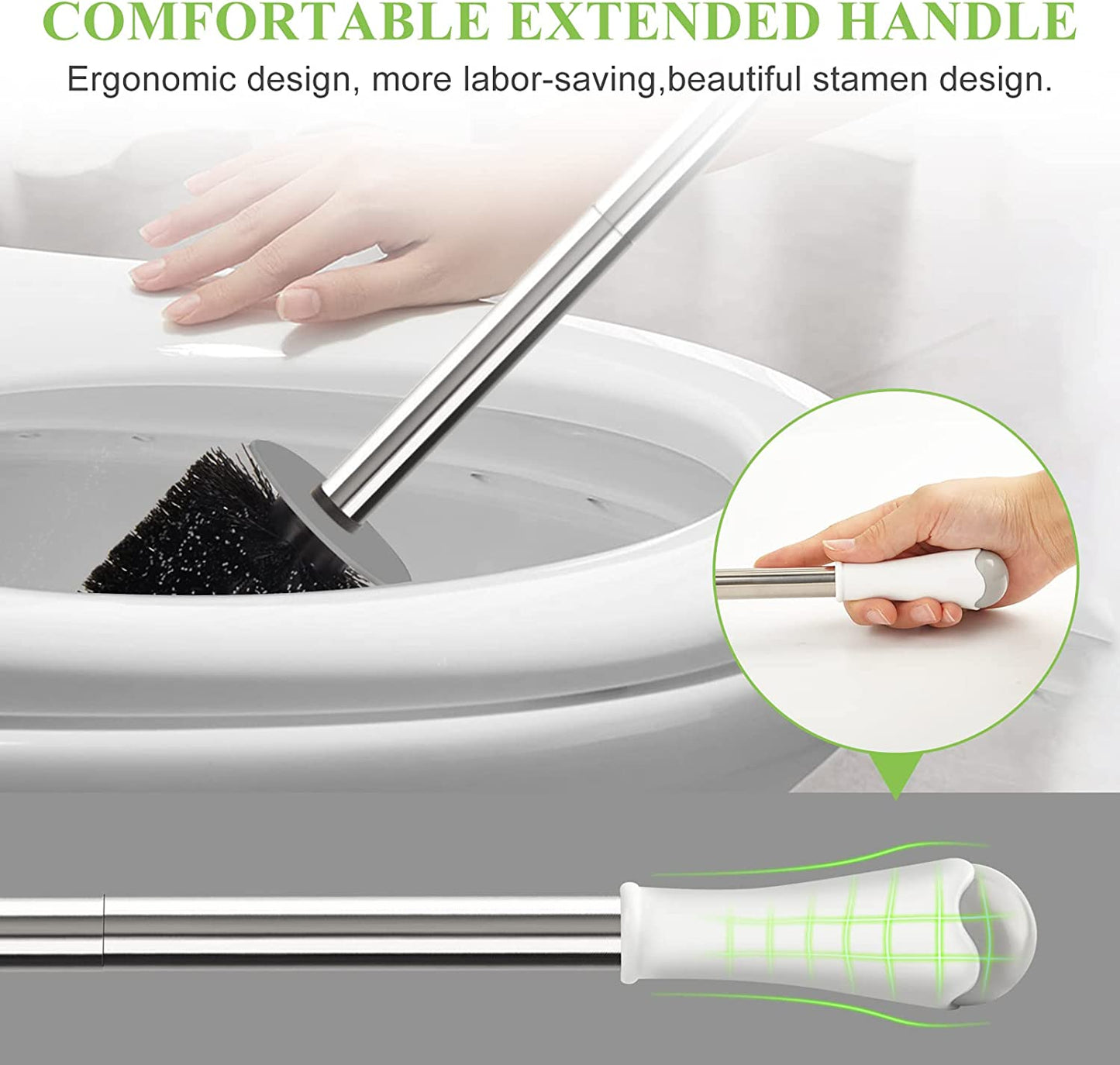 Toilet Brush and Holder, Compact Size Toilet Bowl Brush with Stainless Steel Handle, Small Size Plastic Holder Easy to Hide, Space Saving for Storage, Drip-Proof, Easy to Assemble, Deep Cleaning