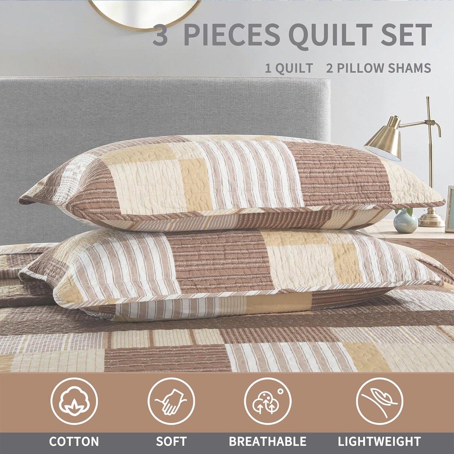 Quilt King Size-100% Cotton Brow Comforter Set King Size,Brown Plaid King Quilt Bedding King,Reversible Lightweight King Comforter Set,Tan White Lightweight Bedding 3 Pc