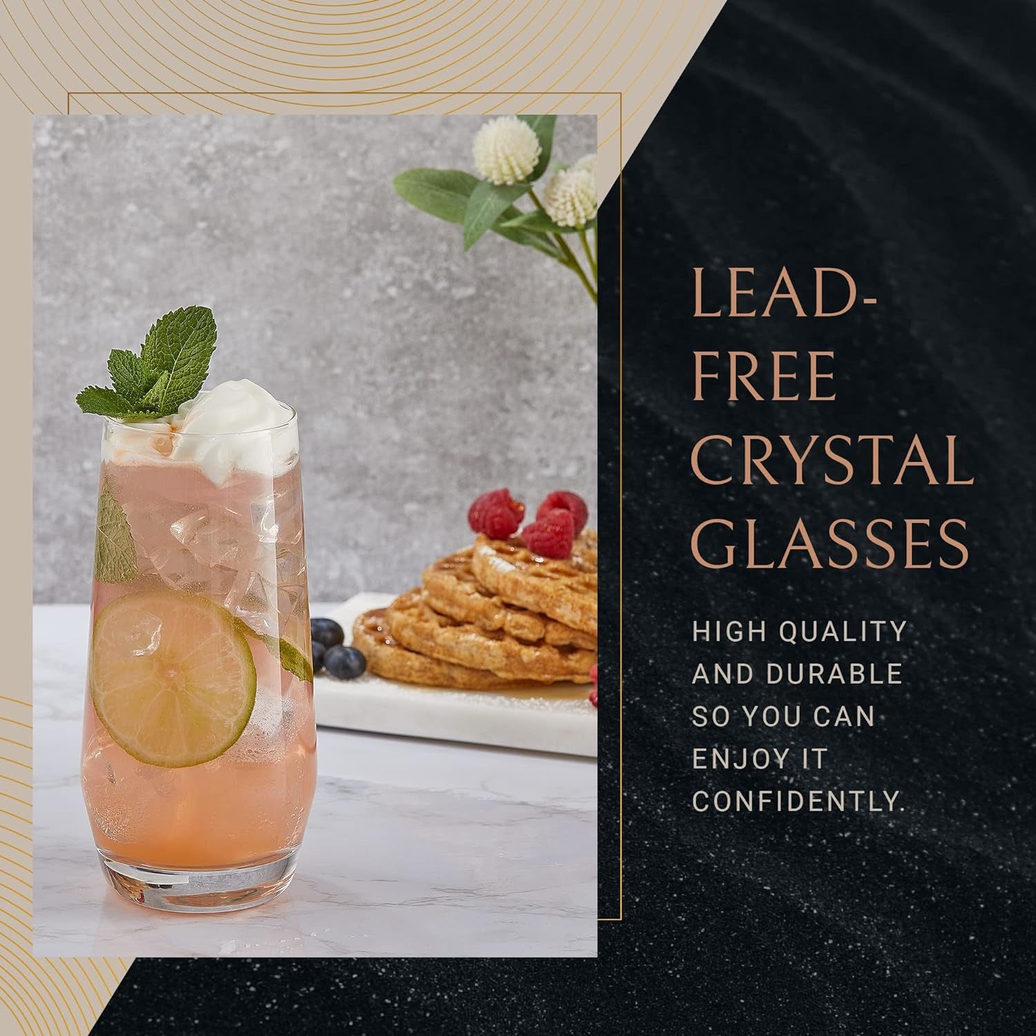 Gwen 18Oz Highball Glasses, 4Pc Tall Glass Set. Lead-Free Crystal Drinking Glasses for Water, Mojitos, Tom Collins, and Cocktails.