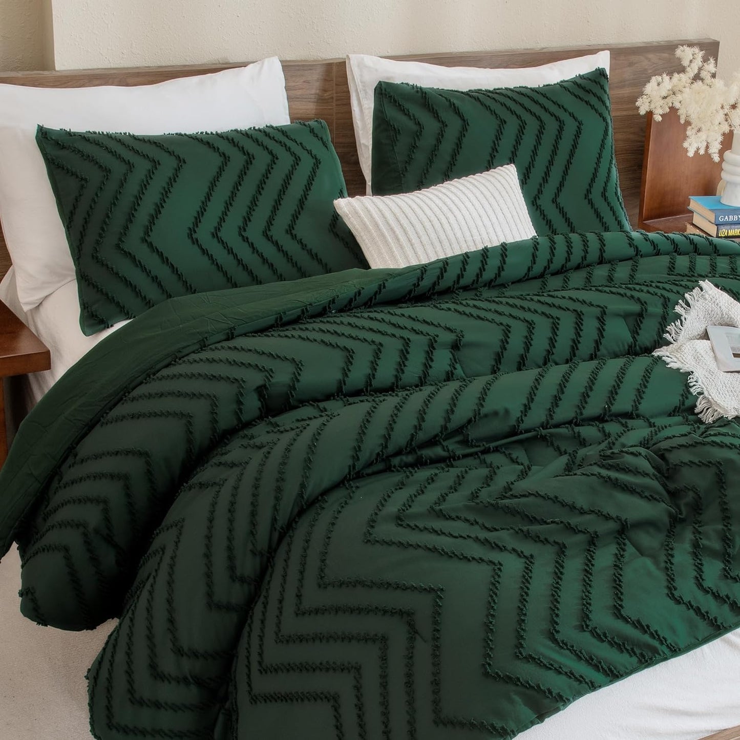 Emerald Green Comforter Set Full Size, Boho Dark Green Soft Warm Bedding Comforter Sets for Full Bed, 3 Pieces Forest Green Vintage Chevron Tufted Aesthetic Comforter Set