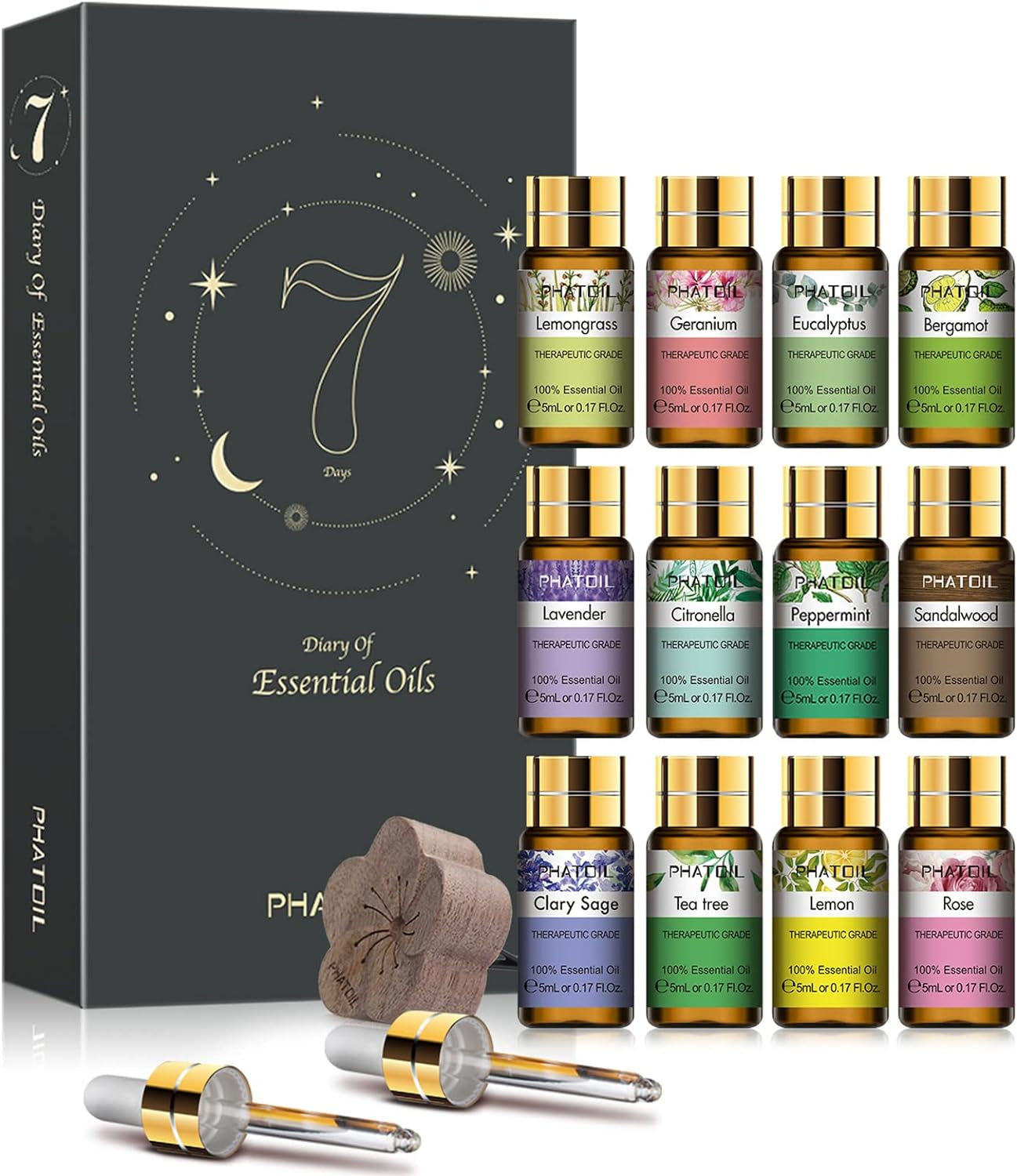 12PCS Bergamot Essential Oils Set with Diffused Wood and Nice Box, 5Ml Essential Oils for Diffusers for Home, Gifts for Families and Friends