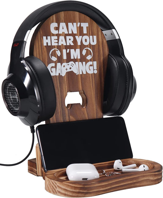 Gamer Gifts for Teenage Boy, Gamer Room Decor for Man, Best Gifts for Son, Boyfriend, Husband, Gaming Accessories, Wooden Gaming Headset Stand for Gaming Desktop- Can'T Hear You I'M Gaming