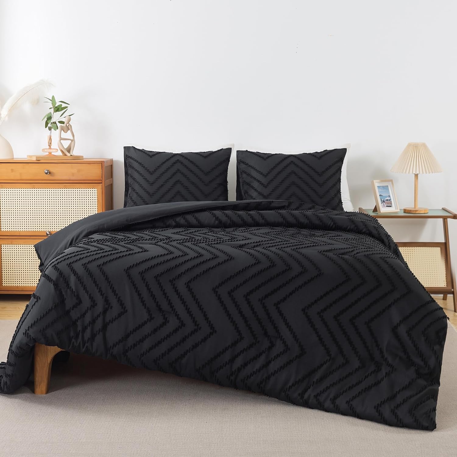 Black Comforter Full Size, Boho Soft Fluffy Warm Lightweight Bedding Comforter Sets for Full Bed, 3 Pieces Chevron Tufted Aesthetic Microfiber Lightweight Comforter Set