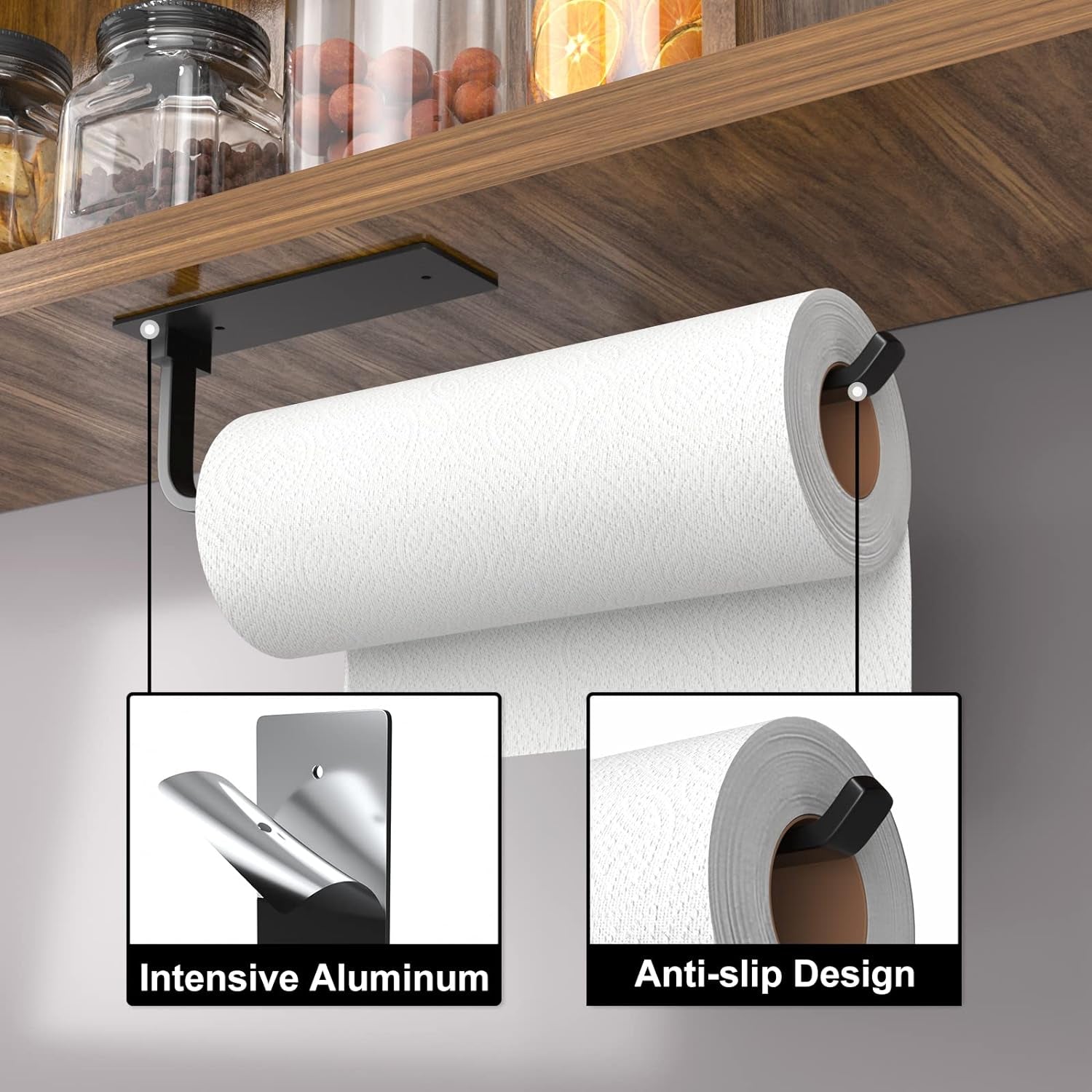 Paper Towel Holder - Self-Adhesive or Drilling, Matte Black Paper Towel Rack under Cabinet for Kitchen, Upgraded Aluminum Kitchen Roll Holder - Lighter but Stronger than Stainless Steel!