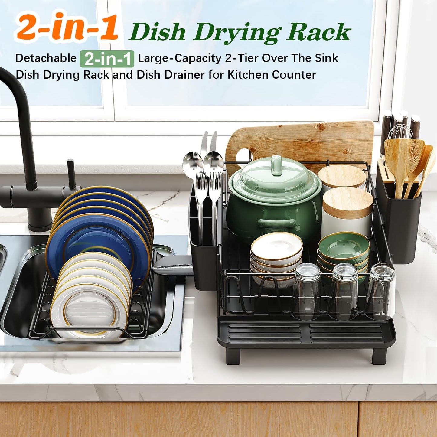 Large Dish Drying Rack with Drainboard Set, Stainless Steel Detachable 2-In-1 Large-Capacity 2-Tier over the Sink Anti-Rust Dish Drying Rack and Dish Drainer for Kitchen Counter
