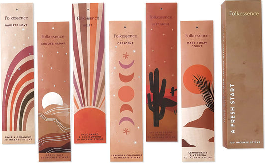 Incense Sticks - Pack of 6 Insenses - 120 Sticks, Lavender Chamomile, Palo Santo Sandalwood, Lemongrass, Ocean Salt, Rose Geranium, Spiritual Gifts, Organic & Slow Burning (A Fresh Start)