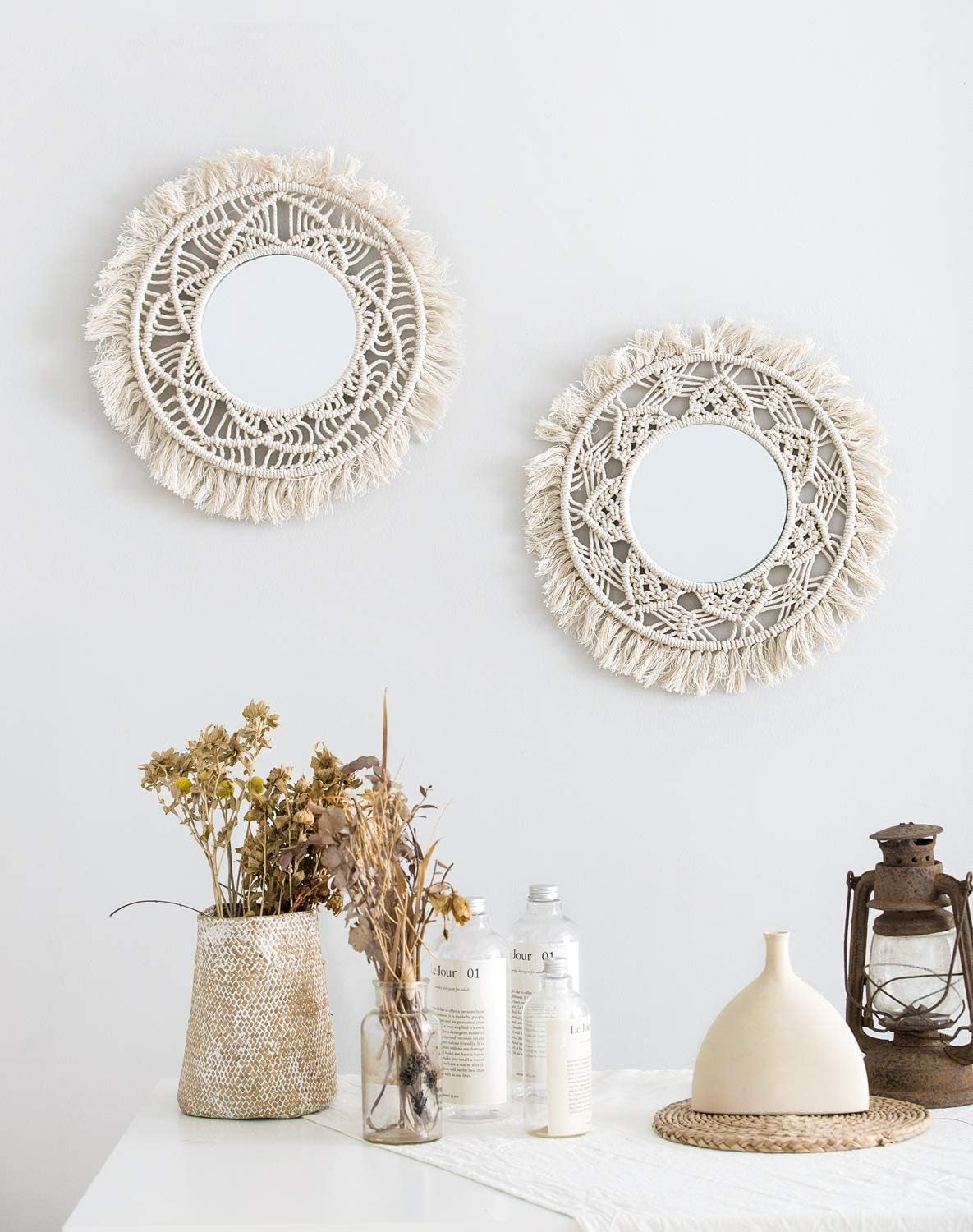 Hanging Wall Mirror with Macrame Fringe, Set of 3