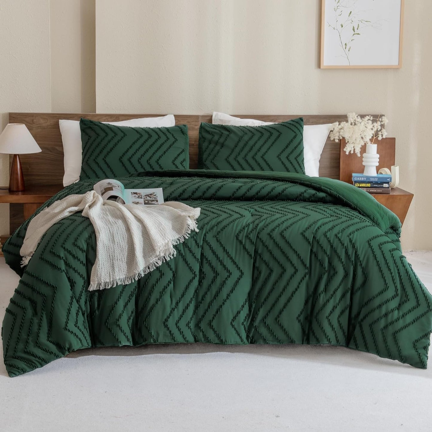 Emerald Green Comforter Set Full Size, Boho Dark Green Soft Warm Bedding Comforter Sets for Full Bed, 3 Pieces Forest Green Vintage Chevron Tufted Aesthetic Comforter Set