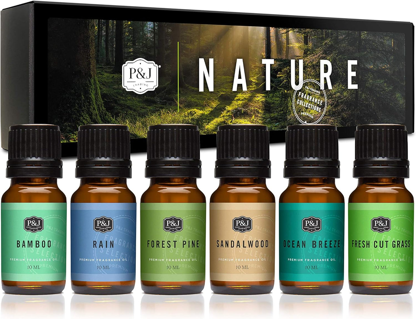 Nature Set of 6 Premium Grade Fragrance Oils - Forest Pine, Ocean Breeze, Rain, Fresh Cut Grass, Sandalwood, Bamboo - 10Ml