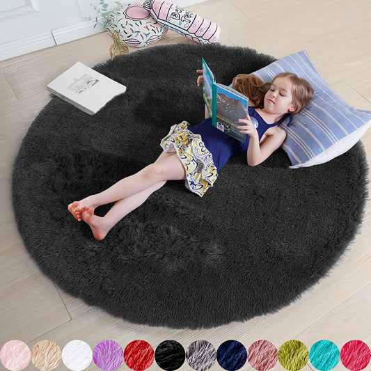 Fluffy Round/Circle Rug 4'X4' ,Black Furry Carpet for Teen'S Room,Shaggy Circular Fuzzy Plush Rug for Bedroom Kids Nursery Room, for Dorm,Black ,Cute Room Decor for Baby